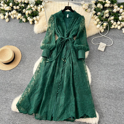 High-End Women's Dress Heavy Embroidery A-Line Long Skirt V-Neck Lantern Sleeve Single Button High Waist Korean Style Commute