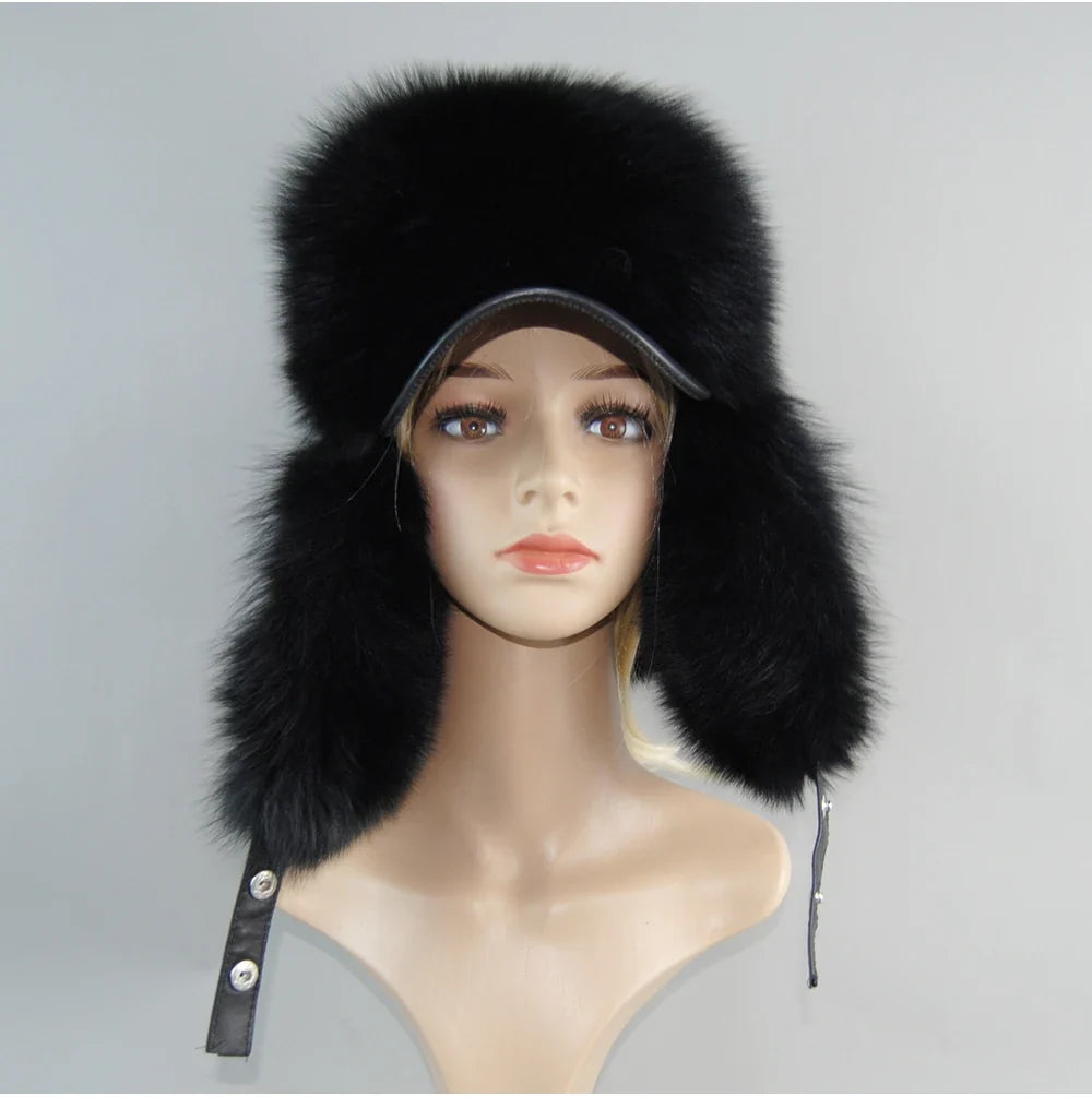 100% Real Fox Fur Hat Women's Russian Ushanka Aviator Trapper Snow Skiing Hat Caps Earflap Winter Raccoon Fur Bomber Hat