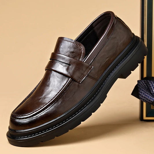 Thick Bottom Leather Shoes Handmade Loafers for Men High Quality Dress Shoes Male Social Masculino Business Botas Para Hombre