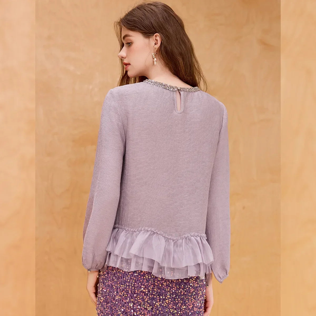 Lace Women's Blouses 2025 Autumn New Sweet Long Sleeve Shirt Top Round Neck Pullover Patchwork Pleated Elegant Shirt
