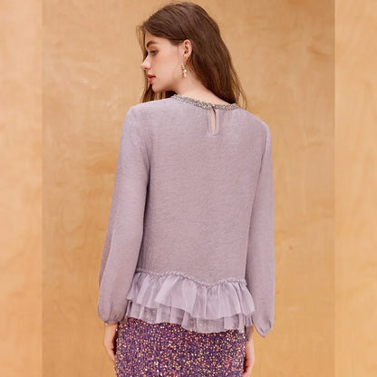 Lace Women's Blouses 2025 Autumn New Sweet Long Sleeve Shirt Top Round Neck Pullover Patchwork Pleated Elegant Shirt