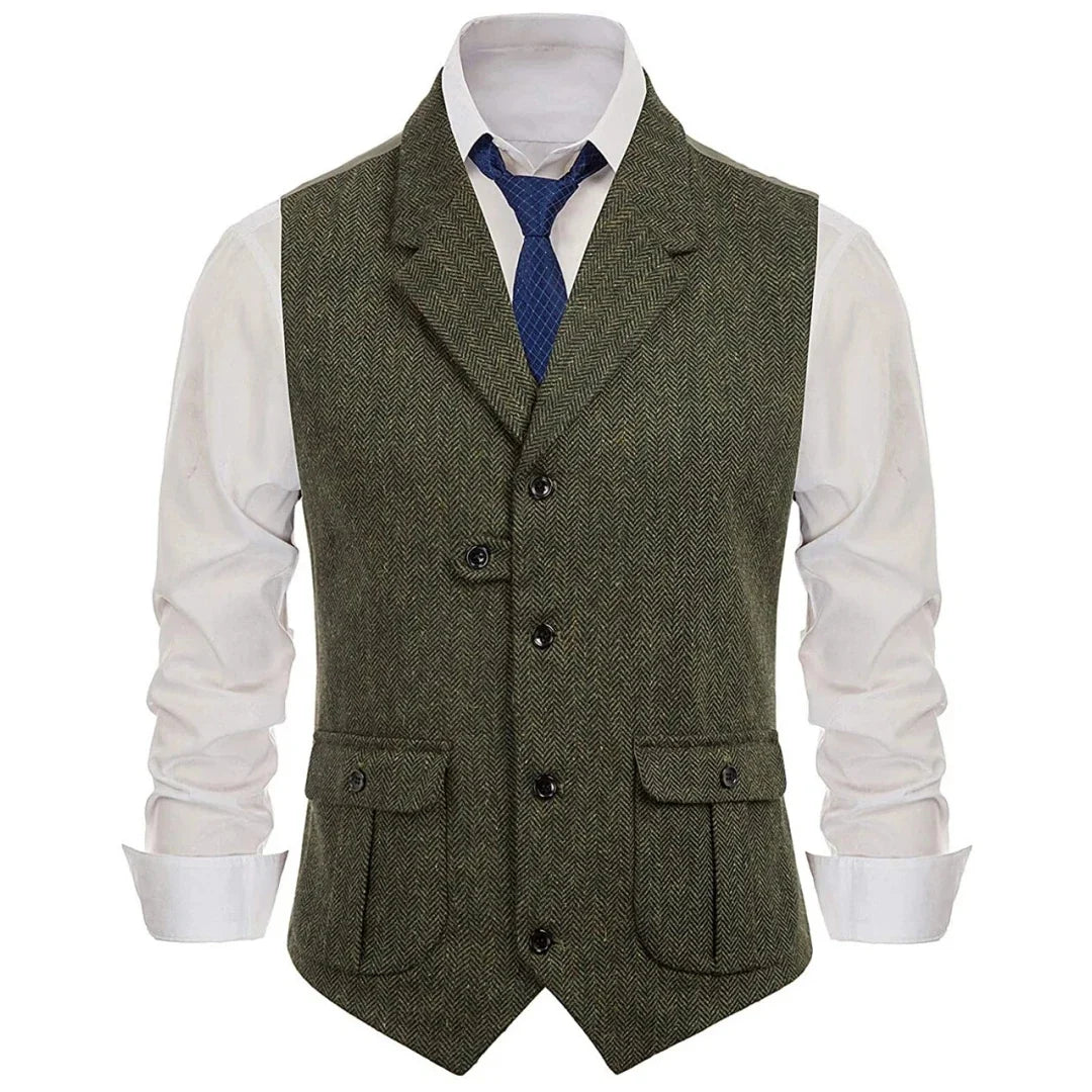 Men Vest Khaki Herringbone Single Button With Lapel Waistcoats For Wedding Banquet Business Office Work Daily Men Suit Vest