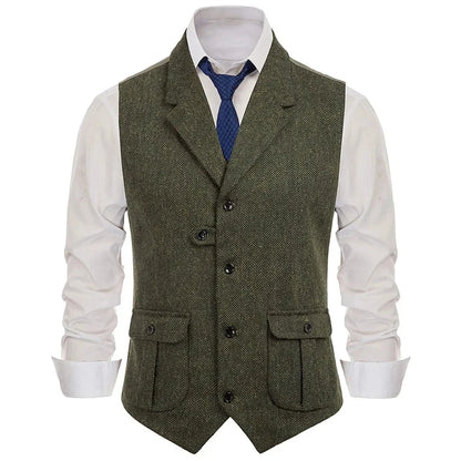 Men Vest Khaki Herringbone Single Button With Lapel Waistcoats For Wedding Banquet Business Office Work Daily Men Suit Vest