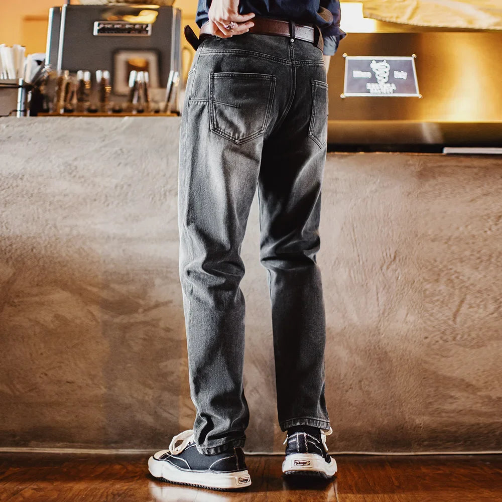 Men's Vintage 13oz Heavyweight Denim Jeans Washed Gray Straight Leg Tapered Pants Casual Trousers for Spring and Fall