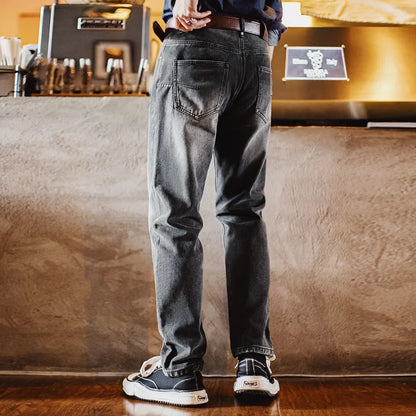 Men's Vintage 13oz Heavyweight Denim Jeans Washed Gray Straight Leg Tapered Pants Casual Trousers for Spring and Fall