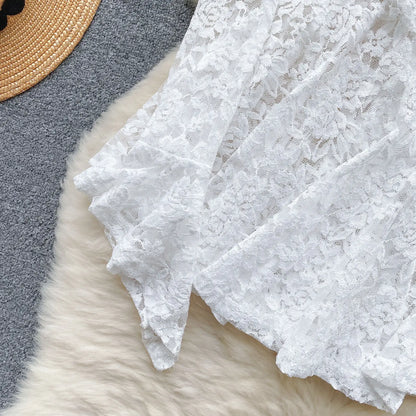 Women's Autumn Mesh Lace Hollow Out White Short Dress Women Micro Flare Sleeve See Through Translucent Sexy Girl's Mini Dress