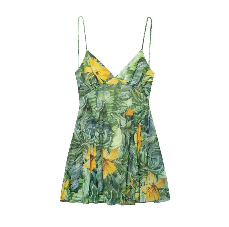 2025 Summer New collection Women's vacation Style printed silk mesh sexy V-neck halter short Dress Hot Girl Dress