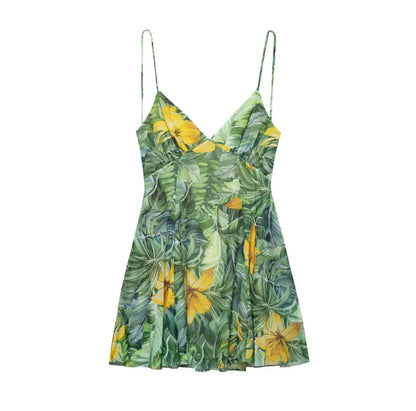 2025 Summer New collection Women's vacation Style printed silk mesh sexy V-neck halter short Dress Hot Girl Dress