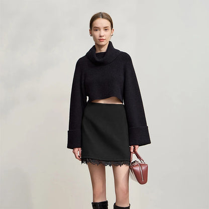 Minimalist Mini Skirt 2025 Winter New Short Wool Warm Skirts For Women Patchwork Lace Casual Solid Clothing Ladies 12544125