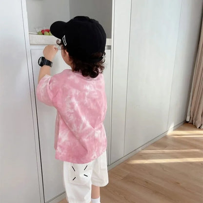 2025 New 100% Cotton Kids Tie Dye Short Sleeve T-Shirt Summer Boys Girls Clothing