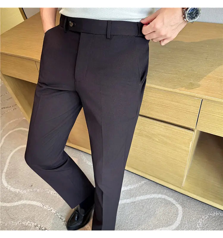 High Quality Pinstripe Slim Fit Suit Pant Men Stretchable Elastic Waist Slim Fit Business Social Wedding Party Casual Trousers