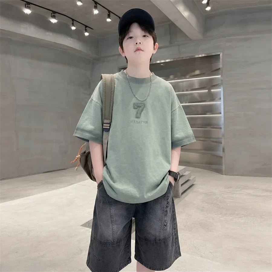 Luxurious Teen Boys Set For Child Elegant T-shirts + Denim Shorts 2PCS Clothes Set Summer Kids Luxury Clothing Set Age 6 To 16 Y