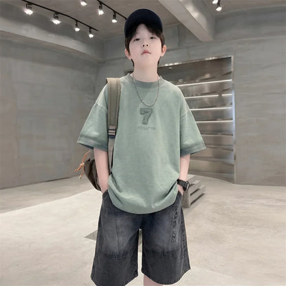 Luxurious Teen Boys Set For Child Elegant T-shirts + Denim Shorts 2PCS Clothes Set Summer Kids Luxury Clothing Set Age 6 To 16 Y