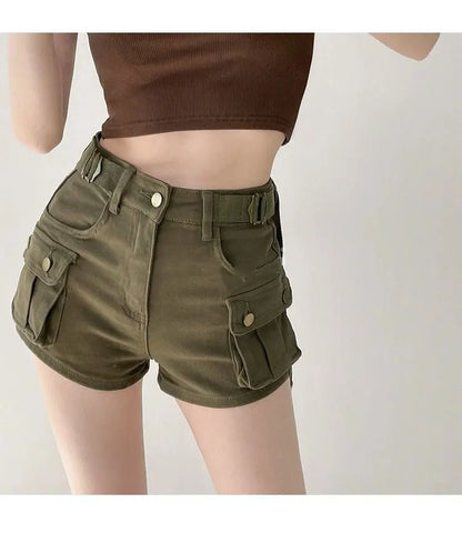 Women Military Green Denim Cargo Shorts Summer High Waisted Loose Wide Leg Y2K Hot Girl Casual Short Pants with Pockets