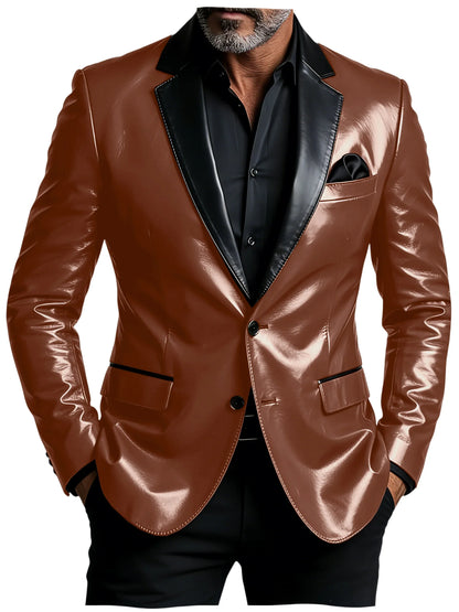 Men's Shiny Patent Leather Blazer Contrast Notch Lapel Two Button Suit Jacket Luxury Casual Business Formal Coat Party Wedding