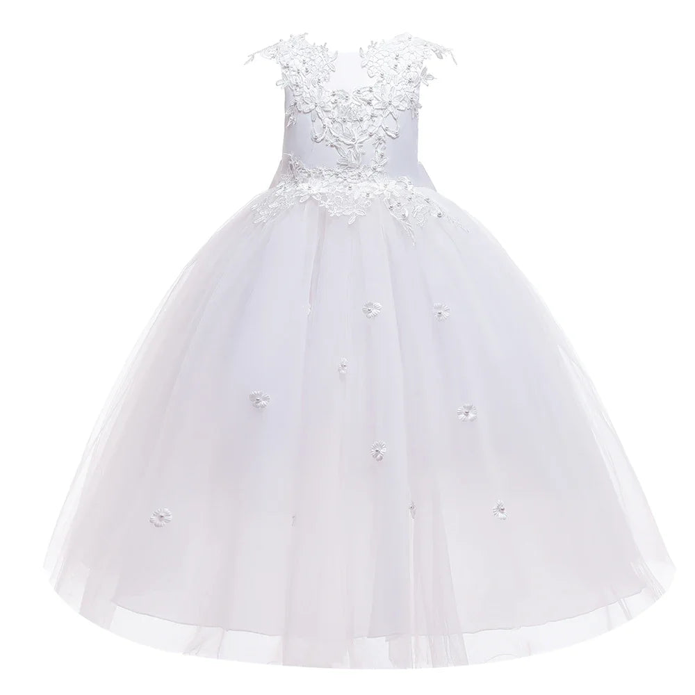 Formal Tulle Flower Bridesmaid Girls Dress Vestido White Wedding Princess Prom Kids Party Dresses For Girls Bow Birthday Costume