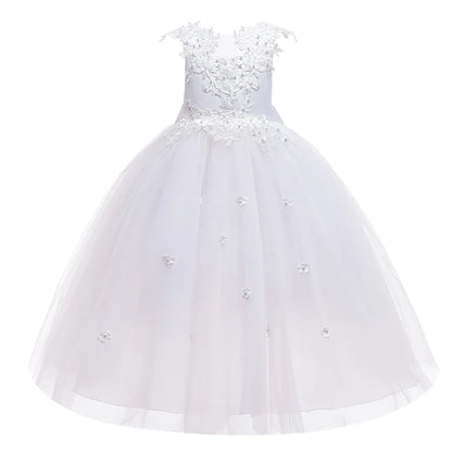 Formal Tulle Flower Bridesmaid Girls Dress Vestido White Wedding Princess Prom Kids Party Dresses For Girls Bow Birthday Costume