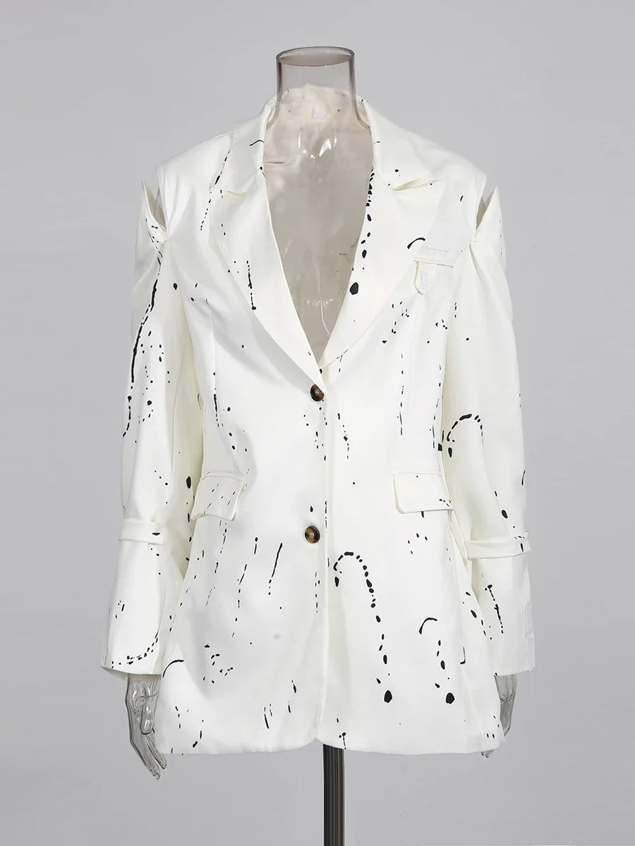 Ink Splashing Print Fashion Blazer for Women Notched Collar Long Sleeve Hollow Out Design Loose Coat Female Autumn