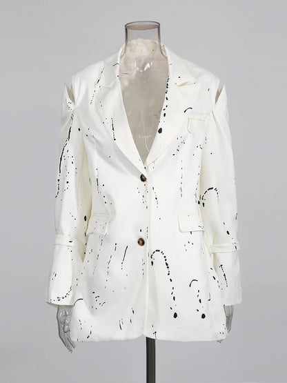 Ink Splashing Print Fashion Blazer for Women Notched Collar Long Sleeve Hollow Out Design Loose Coat Female Autumn