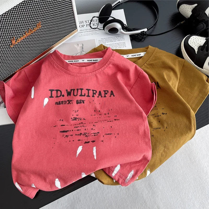 New Toddler Summer Baby Girls Boys Clothes Suit Children Letter Tshirt+ Ripped Jeans 2Pcs/Sets Casual Costume Kids Tracksuits