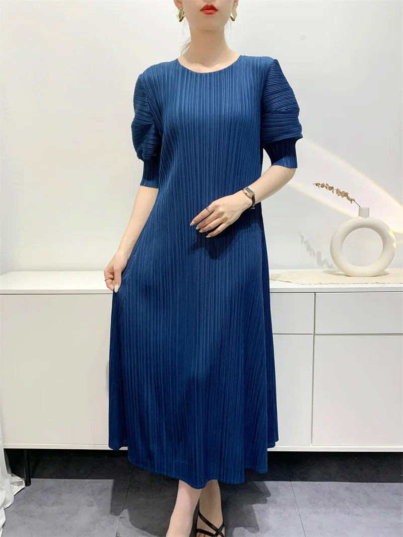 Miyake Pleated Dress 2024 Summer New Round Neck Loose and Comfortable A-line Short Sleeve Maix Dress