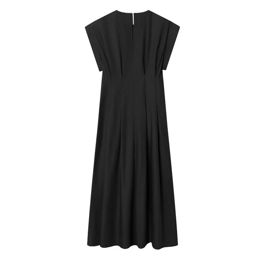 Women's Dress 2026 Spring New Black Short-Sleeve Pleated Decorative A-Line Long Dress Elegant and Simple Fashionable