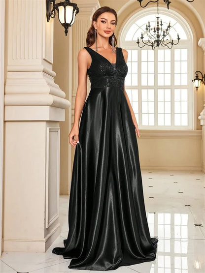 Elegant Sequins Evening Dress For Women 2024 Deep V-neck Satin Prom Party Green Dress Floor Length Blue Formal Gowns