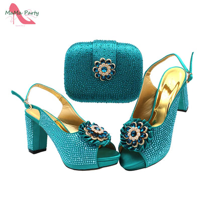 African Mature Women Shoes and Bag to Match in Teal Color Comfortable Heels with Platform for Garden Party