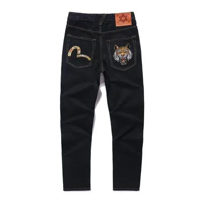 Japanese Handmade Embroidered Jeans Men's Pure Cotton Straight Tube Hip-Hop Popular Slim Red Ears Show Thin Trousers Devil