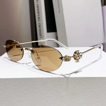 Women's Fashion Glasses Exquisite Diamond Decoration Sunglasses Oval Shaped Frame Cut Edge Frameless Small Outdoor Sun Glasses