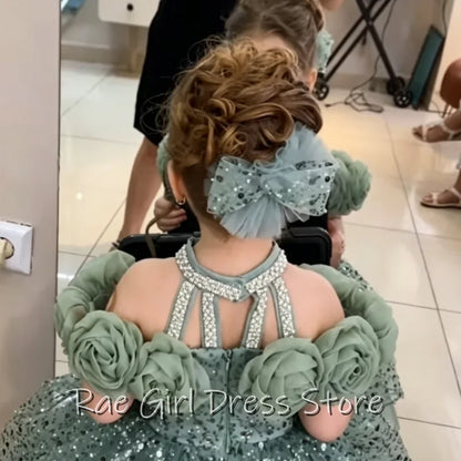 Green Tulle Flower Girl Dress Halter Cutout Back 3D Rose Decor A Line Mini Gown Confetti Sequin For Birthday Party Customized