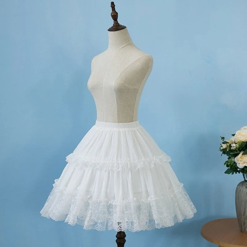 Womens Elastic Waist 2 Hoop Petticoat Ruffle Lace Short Half Slip Underskirt