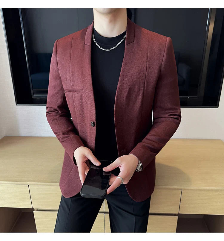 The new Chinese-style collarless suit is fashionable, handsome and versatile. It is a solid-color Korean-style fitted and fashio