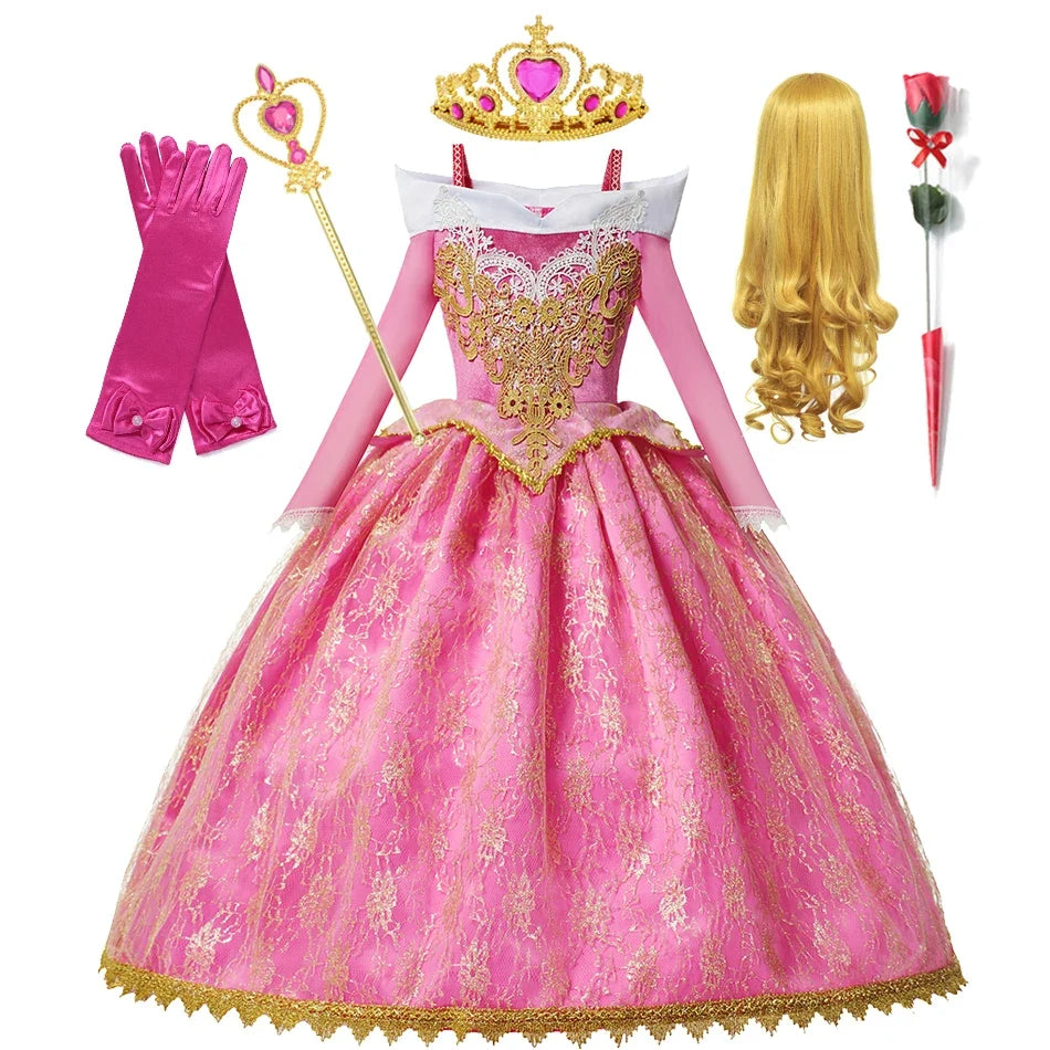 Girls Princess Dress Sleeping Beauty Aurora Cosplay Costume 2025 Kids Carnival Birthday Party Pink  Long Sleeve  Evening Dresses