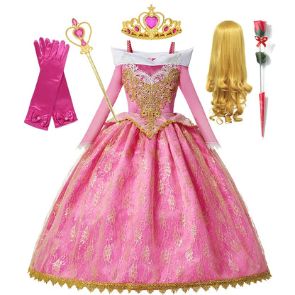 Girls Princess Dress Sleeping Beauty Aurora Cosplay Costume 2025 Kids Carnival Birthday Party Pink  Long Sleeve  Evening Dresses