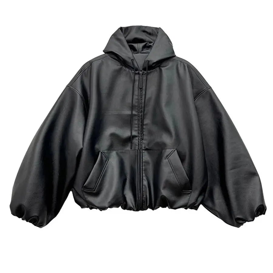 Spring Autumn Short Oversized Black Soft Pu Leather Jacket Men with Hood Zipper Loose Casual Korean Fashion Clothes