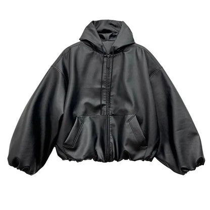 Spring Autumn Short Oversized Black Soft Pu Leather Jacket Men with Hood Zipper Loose Casual Korean Fashion Clothes