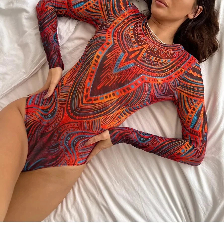 Women Long Sleeve Tattoo Swimsuit UV Protection Rash Guard SPF Sunblock Surfing Suit Diving Swimwear Beach Sportswear Bodysuits