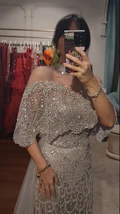Beaded Mermaid Evening Dress for Women 2026 Elegant High Neck Long Sleeves for Women Wedding Party Gown Customized