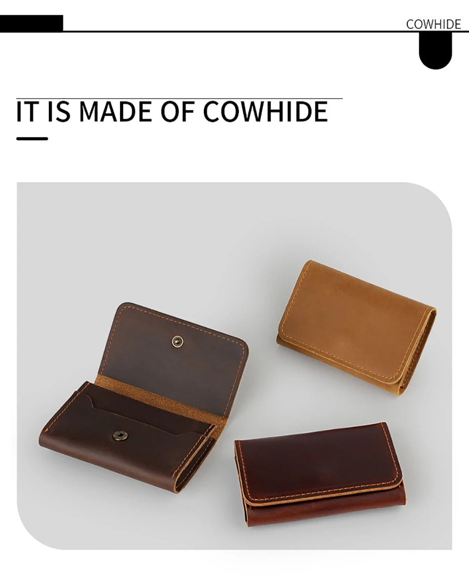 Crazy Horse Leather Card Holder Top-Grain Cowhide Snap - Button Genuine Leather Multi-function Wallet RFID Credit Card Case