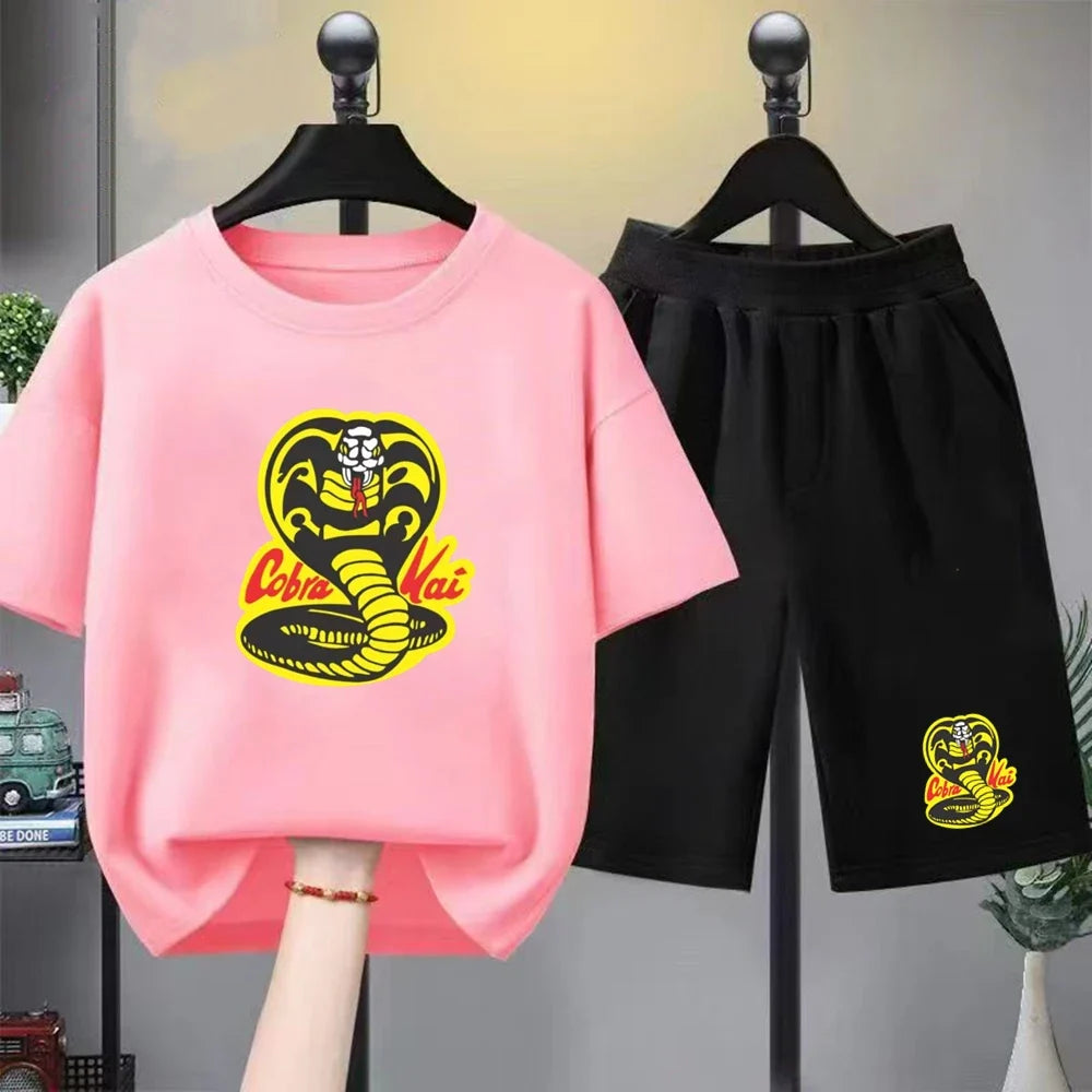Summer T-Shirt + Shorts Anime Snake Print Boy Black Girl Sets T-Shirt Kids Tops Casual Tees Round Neck Short-Sleeved Top