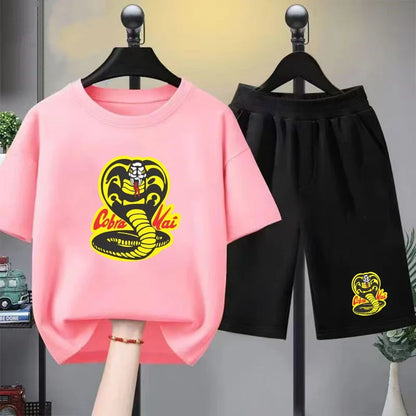 Summer T-Shirt + Shorts Anime Snake Print Boy Black Girl Sets T-Shirt Kids Tops Casual Tees Round Neck Short-Sleeved Top