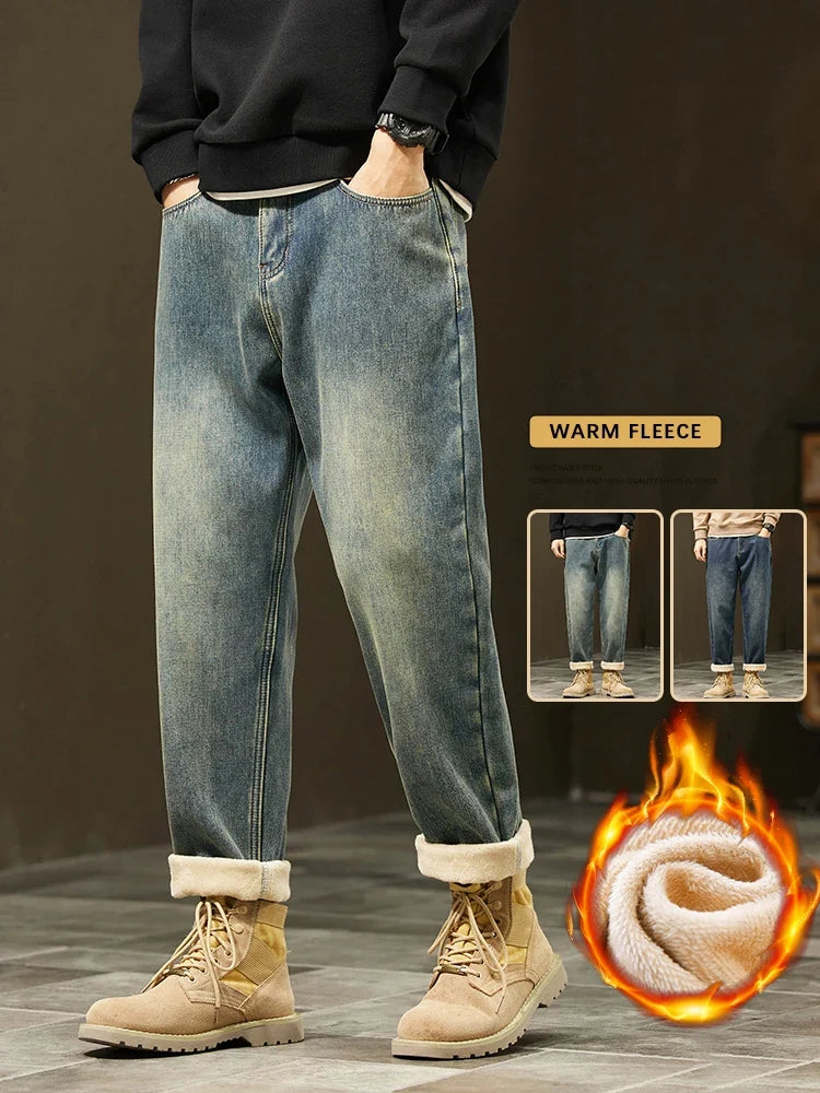 Retro Loose Winter Fleece Jeans Men's Warm Thicken Fashion Casual Denim Pants Comfortable Plush Velvet Thermal Male Trousers