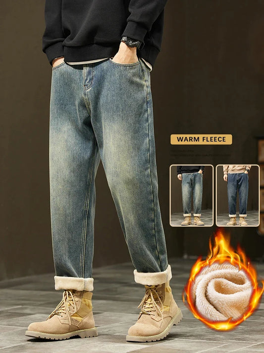Retro Loose Winter Fleece Jeans Men's Warm Thicken Fashion Casual Denim Pants Comfortable Plush Velvet Thermal Male Trousers