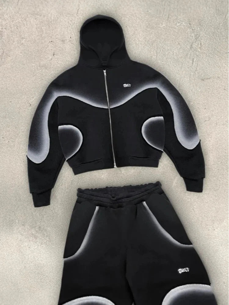 Gradient hooded cardigan sweatshirt unisex loose and comfortable high street design jacket pants American retro