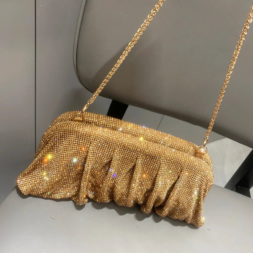 Shiny Handle Rhinestones Handmade Evening Clutch Bags New Folds Purses And Handbags Luxury Designer Wedding Party High Quality