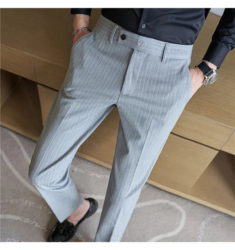 New Korean Style Fashion Striped Embroidery Suit Pants Men's Business Slim Casual Straight Pants Formal Wedding Party Trousers