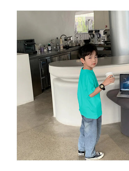 Summer Casual School Kids Cotton Plain Tee Tops Baby and Boys Short-Sleeved T-Shirt Children Outfit Clothing 1-16 Years