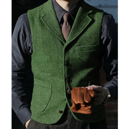 Men Vest Brown Herringbone With Lapel Single Breasted Waistcoat For Wedding Party Business Prom Work Daily Casual Men Suit Vest