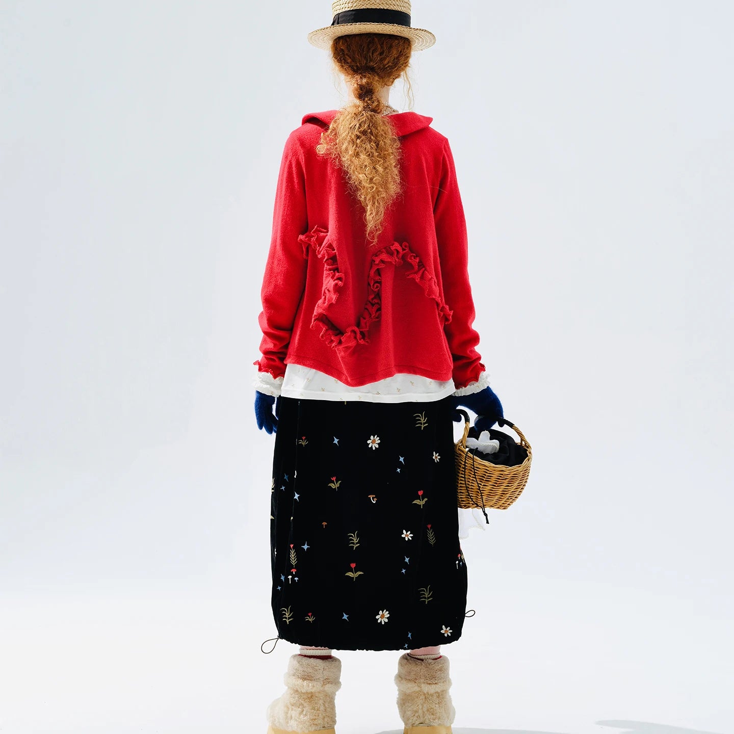 Embroidered Floral Midi Skirt, Vintage Velvet, Daily Outing, Mori - style Healing Vibe 255288